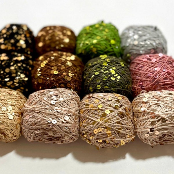 50g/Ball /140M Royal Double Sequins Cotton Yarn for Nuno Felting, Knitting, Crochet, Art Yarn, 6mm & 3mm Decorative Shiny Sparkly Yarn