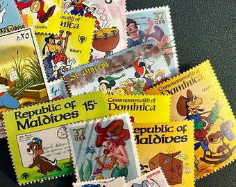 12 Disney-themed Postage Stamps for Junk Journals, Collage, Collecting