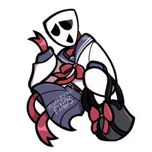 May include: Illustration of a figure in a white sailor uniform with a red bow and ribbon. The figure has a white mask with black eye holes and is holding a black purse with a red bow. The text "FLUFFBUCKET FINDS" is on the uniform.