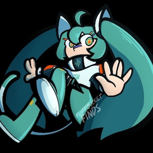May include: Cartoon illustration of a character with teal hair and a white and teal outfit. The character has cat-like ears and is making a hand gesture. The text "FLUFFBUCKET FINDS" is in the lower right corner. The background is black.