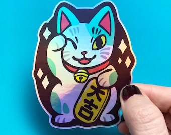 Maneki Neko - Lucky Cat Vinyl Sticker - Iriserend of Mat