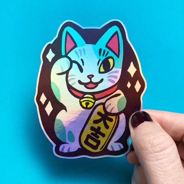 Maneki Neko - Lucky Cat Vinyl Sticker - Iridescent or Matte