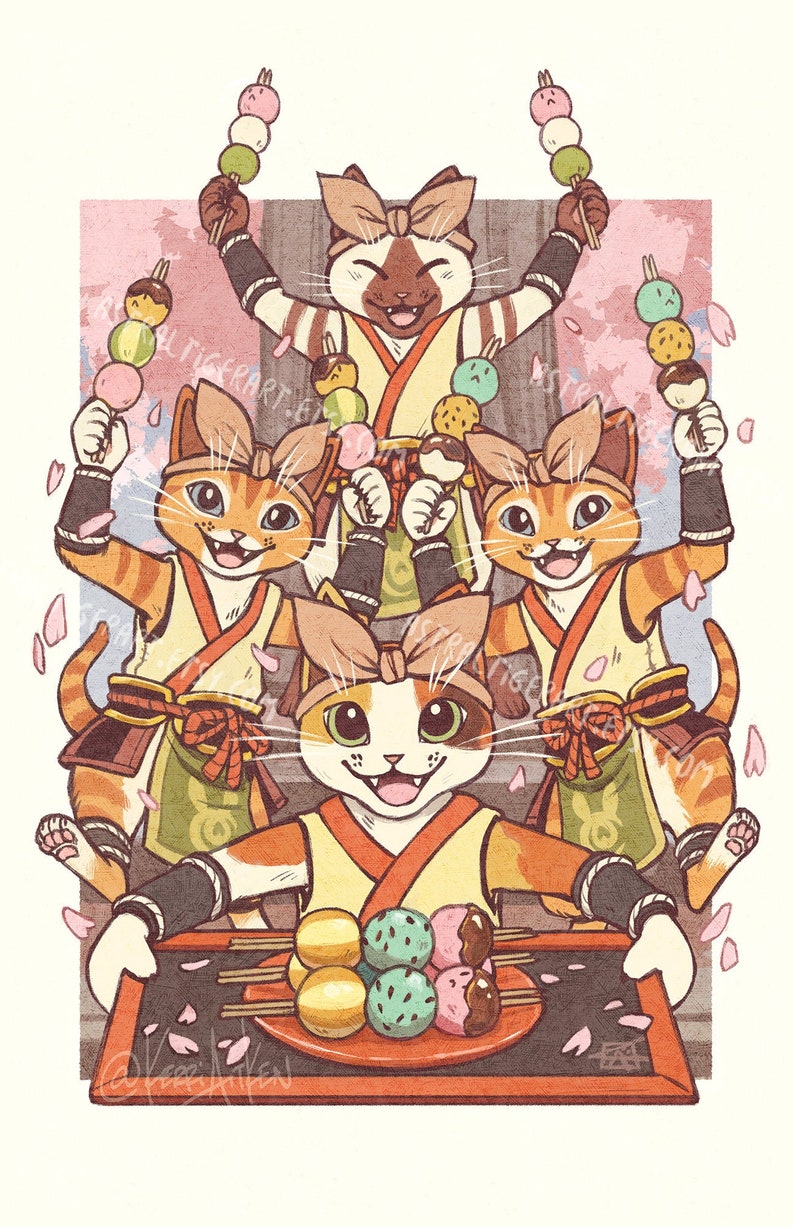 Fluffy Bunny Dango! - 11x17' Print - Monster Hunter Rise Palico Fan Art 