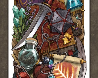 May include: A collection of fantasy role-playing game items, including a dagger, a book, a potion bottle, a scroll, a dice, a pouch, a necklace, a ring, a key, and a crystal.