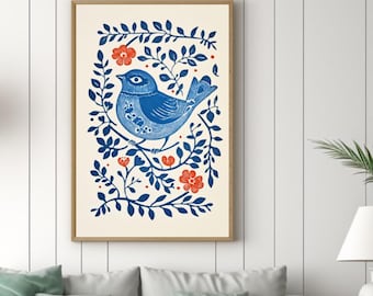Printable Boho Bird Print, Vintage Block Print Folk Art Poster, Scandinavian Bedroom Decor Floral Scandi Wall Art Cottagecore Linocut Art