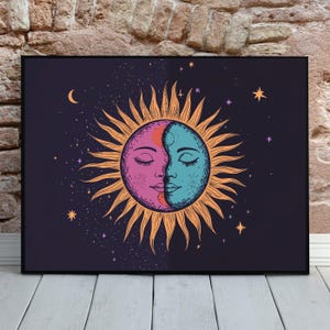 Himmlische Sonne und Mond Druck, druckbare Astrologie Wandkunst, kosmische Meditation Dekor, Witchy Zen Yin Yang Poster Boho Zen Harmonie Balance Kunst