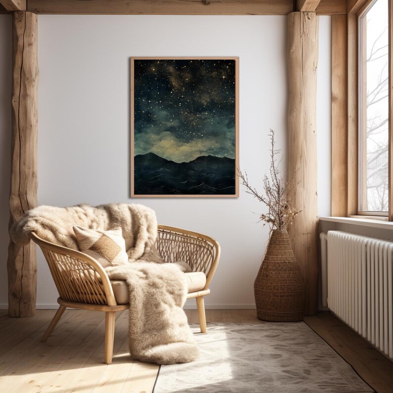 Moody Night Sky Art Print, Printable Starry Mountain Wall Art, Retro ...