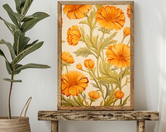 Vintage Marigold Art Print, Printable Marigold Painting, Floral Artwork, Summer Flowers Wall Art, Botanical Wedding Decor, Retro Kitchen Art