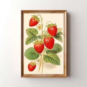 Vintage Strawberry Print, Printable Strawberry Wall Art, Boho Strawberries Artwork Retro Cottagecore Kitchen Decor Berries Grandmacore Print