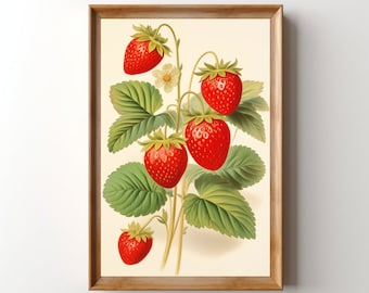 Vintage Strawberry Print, Printable Strawberry Wall Art, Boho Strawberries Artwork Retro Cottagecore Kitchen Decor Berries Grandmacore Print