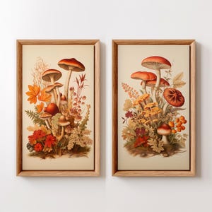 Mushroom Art Print Set, Vintage Fall Mushroom Wall Art Bundle, Autumn Leaf Botanical Retro Cottagecore Kitchen Decor Dorm Poster Set