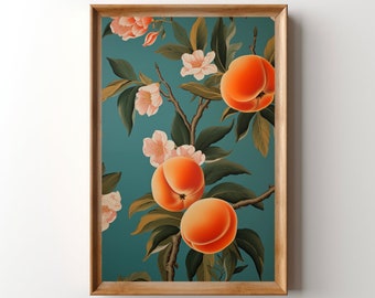 Boho Peach Art Print, Printable Peach Peony Wall Art, Vintage Botanical Fruit Decor Peach Blossom Print Shabby Chic Living Room Gallery Wall