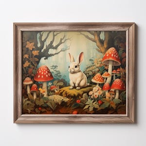 Mushroom Wonderland Rabbit Print, Printable Woodland Bunny Wall Art, Botanical Fairy Forest Vintage Storybook Print Cottagecore Decor Dorm