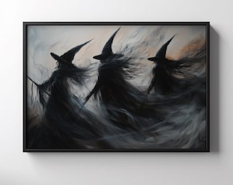 Three Witches Print, Printable Wicked Sisters Wall Art, Smokey Moody Halloween Printable Painting Witchy Gothic Cottage Decor Flying Witches