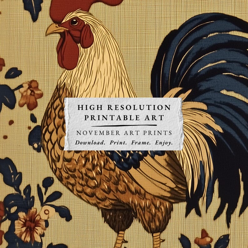 Vintage Rooster Print, Printable Floral Farmhouse Kitchen Wall Art ...