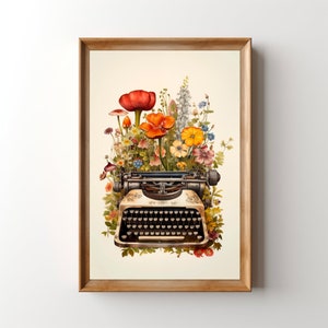 Vintage Typewriter Print, Printable Floral Typewriter Wall Art,  Old Typewriter Wildflowers, Office Writer Gift Classroom Decor Dorm Poster
