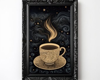 Himmlischen Kaffee Kunstdruck, druckbare Sternennacht Café Illustration, Coffee Shop Nachthimmel Wandkunst, Frühstücksecke Küche Restaurant Kunst