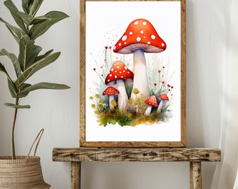 Impresión retro de hongos, pintura de acuarela de hongos imprimible, arte de pared de cocina cottagecore, póster de hongos botánicos, decoración de dormitorio para niños