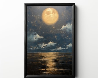 Nachthimmel Vollmond Ölgemälde, druckbare Mond Malerei, Nachthimmel Malerei, himmlische Malerei, Mond Wandkunst, Nachthimmel Kunst, Abendhimmel