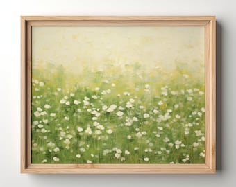 Pintura al óleo impresionista del campo del trébol, arte de la pared del campo del trébol imprimible, tréboles impasto, granja rústica, colores apagados, campo irlandés