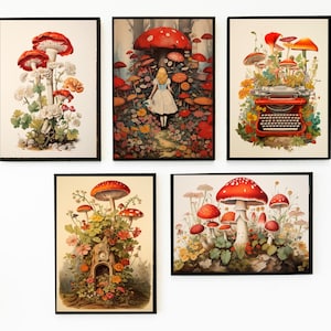 Mushroom Wonderland Print Set, Printable Cottagecore Gallery Wall Art, Vintage Magic Shroom Decor Fairycore Bundle, Trippy Dorm Room Posters