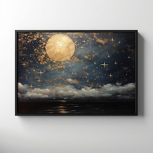 Sternenklarer Nachthimmel Gemälde, druckbare Sterne gucken Vollmond Wandkunst, dunkles Wasser himmlischen Druck, nächtliche Nebel Stimmung dunkel Academia Galaxie