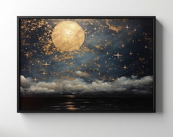 Starry Night Sky Painting, Printable Star Gazing Full Moon Wall Art, Dark Water Celestial Print, Nighttime Fog Moody Dark Academia Galaxy