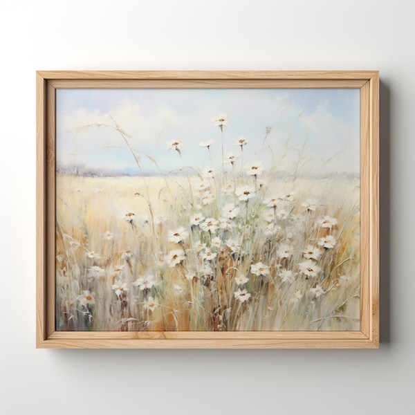 Wildflower Landscape Oil Painting, Printable Grass Field Wall Art, Vintage Artwork, Farmhouse Rustic Art, Muted Color Palette, Neutral Tones