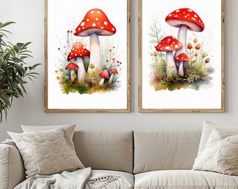 Printable Mushroom Watercolor Set, Mushroom Art Print Bundle, Toadstool Mushroom Paintings Mycology Artwork, Retro Cottagecore Kitchen Decor