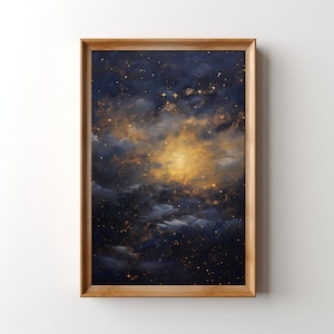 Celestial Night Sky Oil Painting, Printable Starry Night Sky Wall Art, Dark Celestial Print, Golden Moon Artwork, Dark Academia, Moody Decor