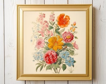 Floral quadratischen Druck, druckbare Vintage Wandkunst, botanische Wildblumen Malerei, Frühlingsblumen digitale Kunst, Retro Küche Grandmacore