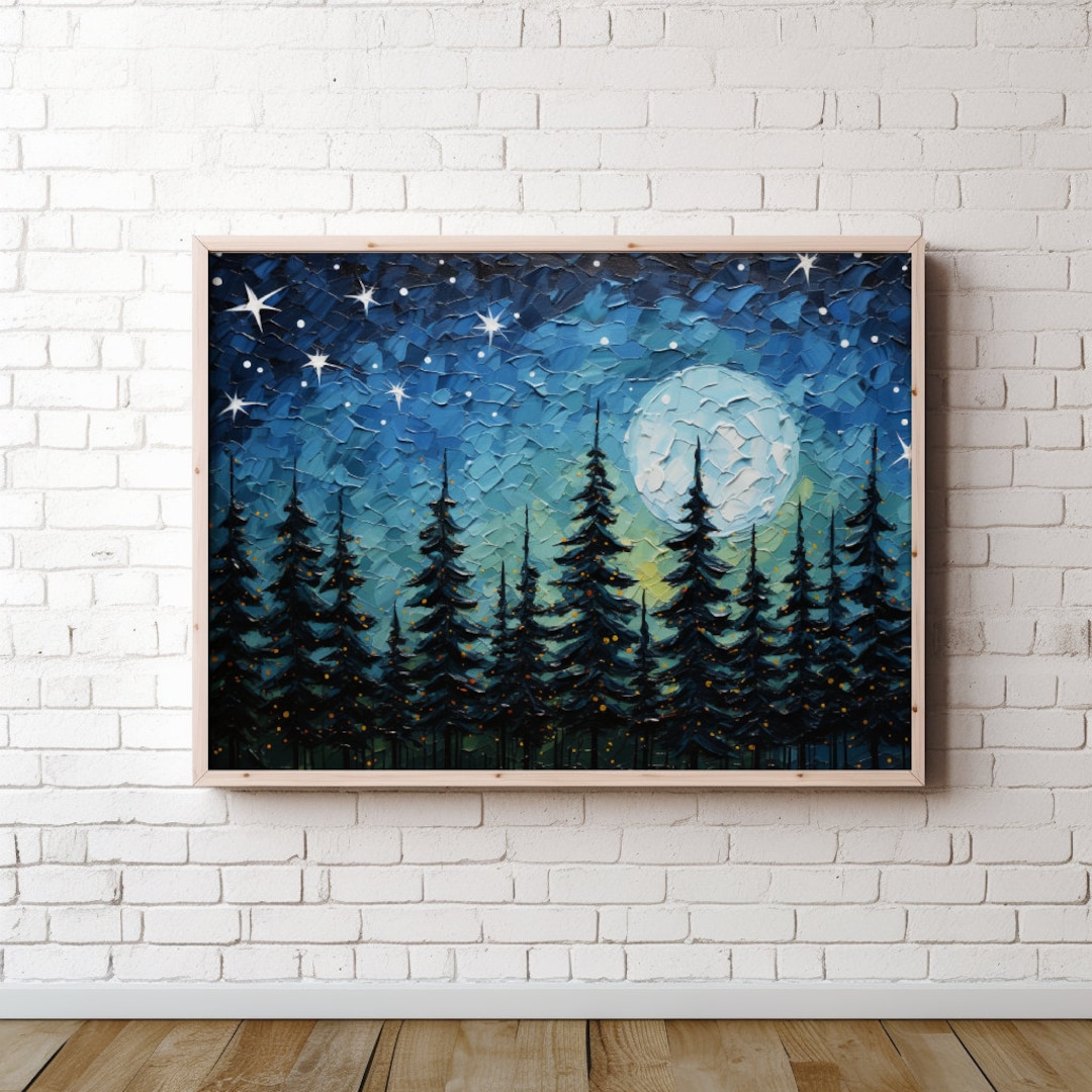 Starry Night Sky Painting, Printable Pine Tree Silhouette Wall Art