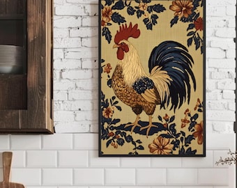 Vintage Rooster Print, Printable Floral Farmhouse Kitchen Wall Art Retro Farm Animal Print Rustic Dining Room Artwork Country Chicken Decor