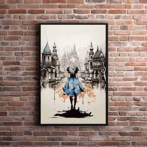 Alice Medieval Wonderland Print, Printable Dark City Girl Wall Art Gothic Watercolor Ink Painting, New Home Gift Fantasy Poster Cityscape