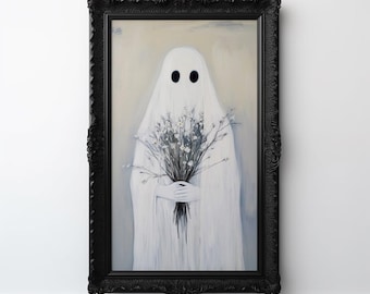 Vintage Ghost Painting, Printable Ghost Wall Art, Rustic Floral Gothic Print Farmhouse Halloween Decor Dark Academia Flowers Spooky Ghost