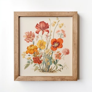 Vintage Blumen Lithographie-Druck, quadratische druckbare Blumenwandkunst, botanische Malerei, Wildblumen, Wildblumenmalerei, Blumenmalerei