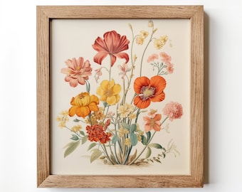 Vintage Floral Lithograph Print, Square Floral Printable Wall Art, Botanical Painting, Wild Flowers, Wildflower painting, Flower Painting