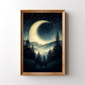 Printable Crescent Moon Starry Night Sky Painting, Surreal Misty Mountain Forest Print Celestial Moody Dark Academia Moon and Stars Wall Art