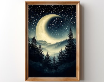 Printable Crescent Moon Starry Night Sky Painting, Surreal Misty Mountain Forest Print Celestial Moody Dark Academia Moon and Stars Wall Art