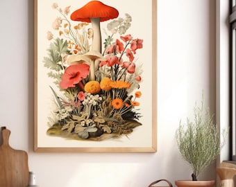 Retro Mushroom Print, Printable Mushroom Wall Art Vintage Kitchen Decor Cottagecore Floral Artwork, Botanical Woodland Boho Wildflower Print
