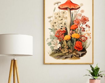 Vintage Mushroom Print, Printable Mushroom Wall Art Retro Kitchen Decor Cottagecore Floral Artwork, Botanical Woodland Boho Wildflower Print