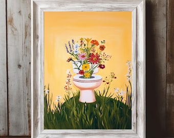 Wildflower Bathroom Print: Printable Boho Toilet Painting, Cottage Guest Bath Artwork