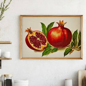 Vintage Pomegranate Print, Printable Pomegranate Painting, Rustic Kitchen Decor, Boho Botanical Fresh Fruit Wall Art, Farmhouse Countryside