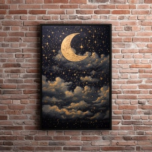 Printable Crescent Moon Starry Night Sky Oil Painting, Vintage Star Gazing Wall Art, Evening Sky Print, Moody Celestial Artwork, Dark Galaxy Bild 7