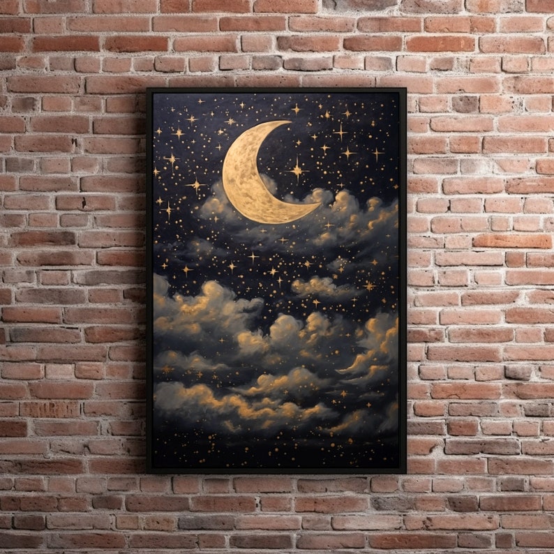 Printable Crescent Moon Starry Night Sky Oil Painting, Vintage Star Gazing Wall Art, Evening Sky Print, Moody Celestial Artwork, Dark Galaxy Bild 7