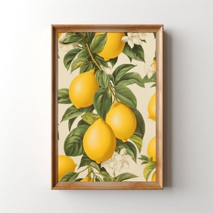 Vintage Lemons Lithograph Print, Printable Lemon Wall Art, Lemon Painting, Fruit Artwork, Kitchen Decor, Midcentury Botanical Digital Print