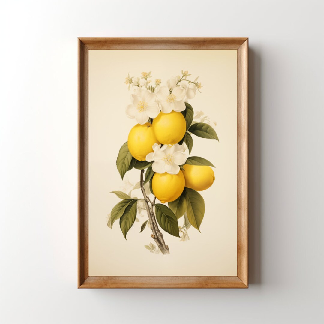 Vintage Lemons Art Print, Printable Lemon Floral Wall Art, Digital ...