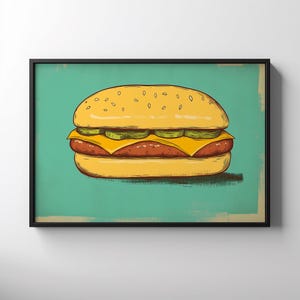 Retro Hamburger Print, Printable Burger Wall Art Vintage Food Art Cheeseburger Poster Funny Kitchen Decor BBQ Digital Kitsch Restaurant Art
