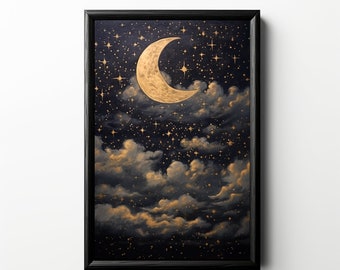 Printable Crescent Moon Starry Night Sky Oil Painting