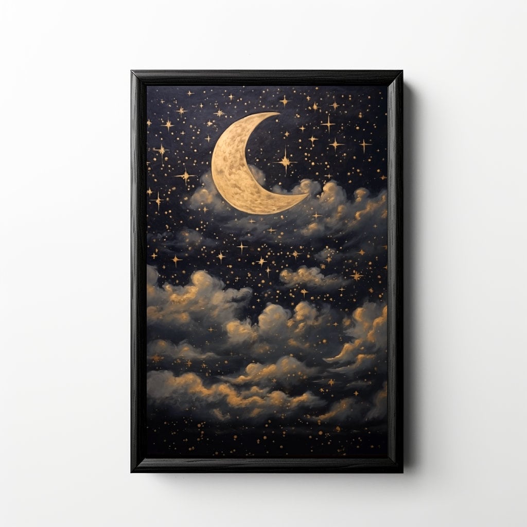 Printable Crescent Moon Starry Night Sky Oil Painting, Vintage Star Gazing Wall Art, Evening Sky Print, Moody Celestial Artwork, Dark Galaxy